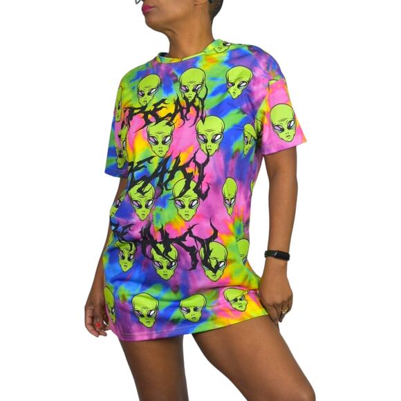 ASOS Freaky Alien Dress Green Tie Dye Oversized Shirt Graphic Mini Neon Size 2 - Picture 8 of 16